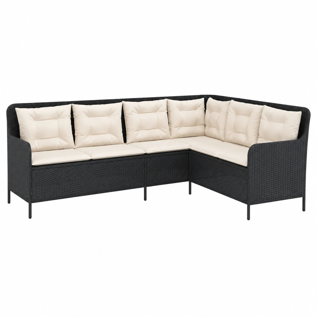 Modulares L-förmiges Gartensofa Set mit Kissen, Poly Rattan, Schwarz