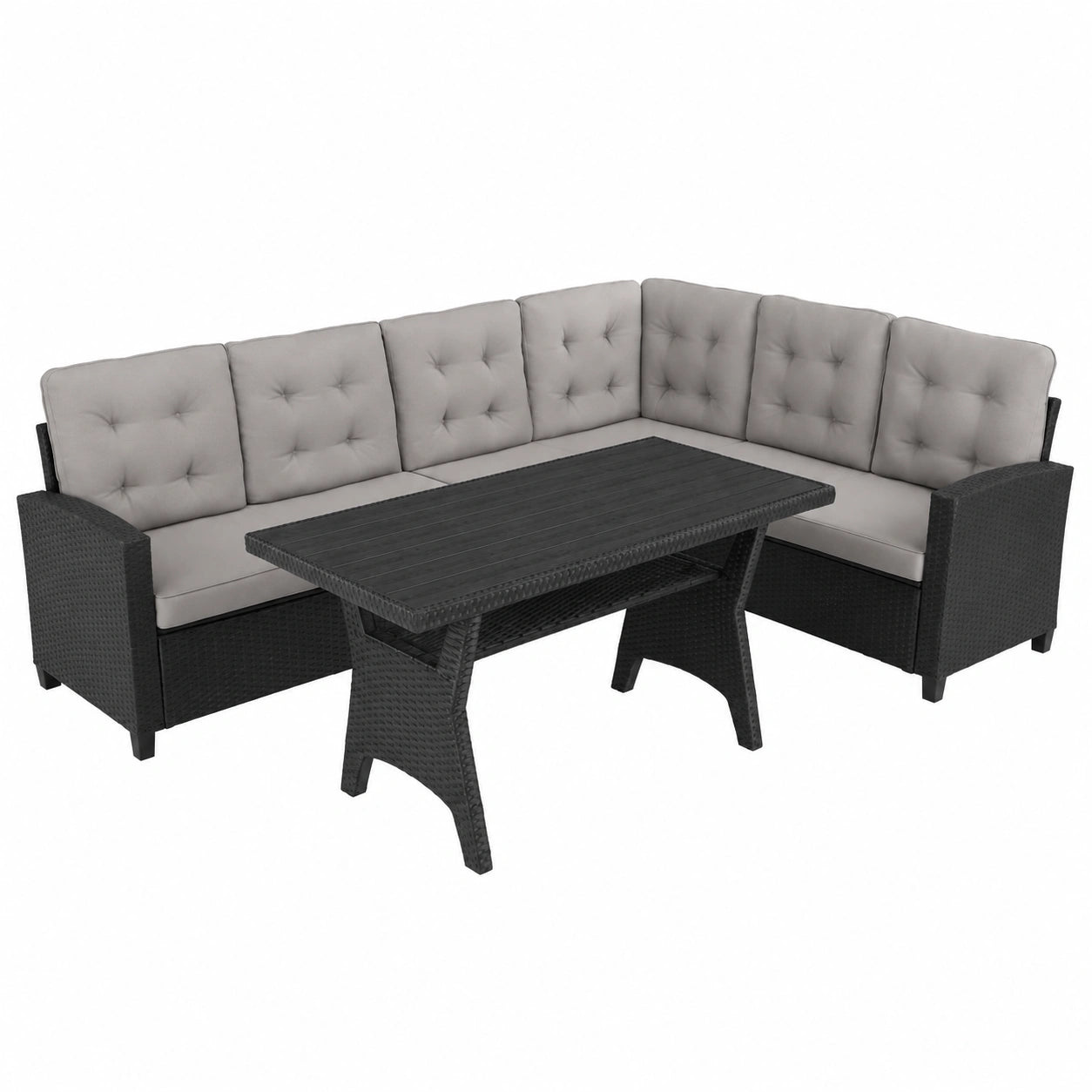 Moderne Rattan-Gartenlounge mit Esstisch - Wetterfeste Sitzgruppe für Terrasse und Balkon, Schwarz
