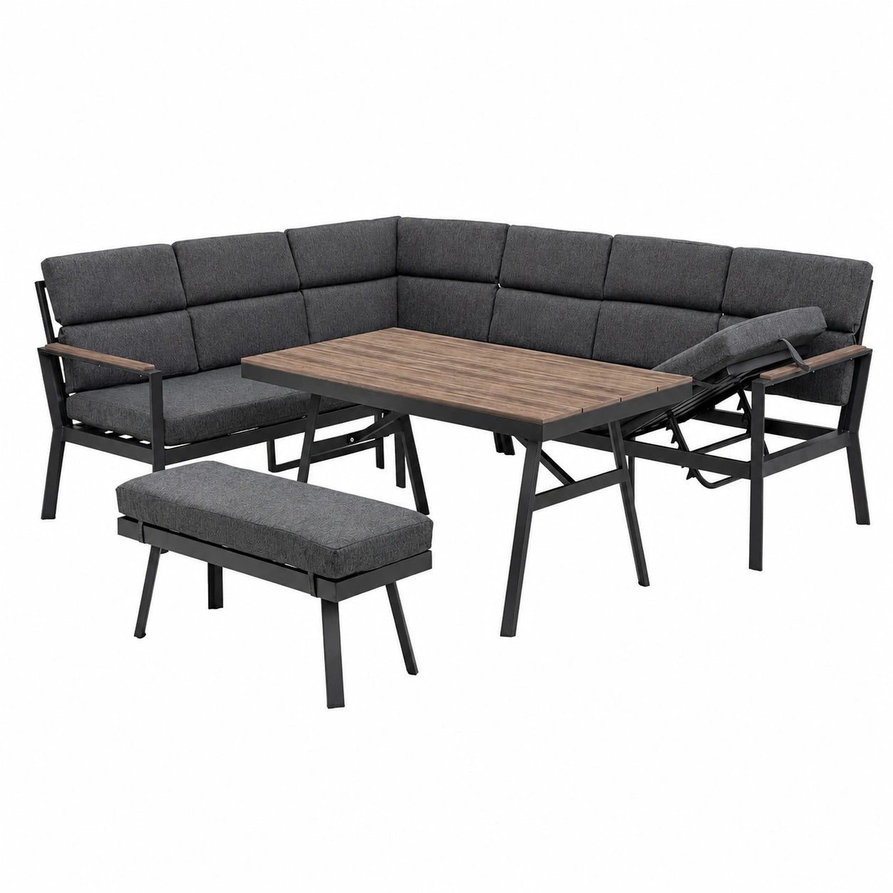 Gartenlounge-Set Nara Eiche: Ecksofa, Esstisch, Bank & Kissen – Wetterfest für 9 Personen – Waschbare Bezüge – Aluminium – Anthrazit