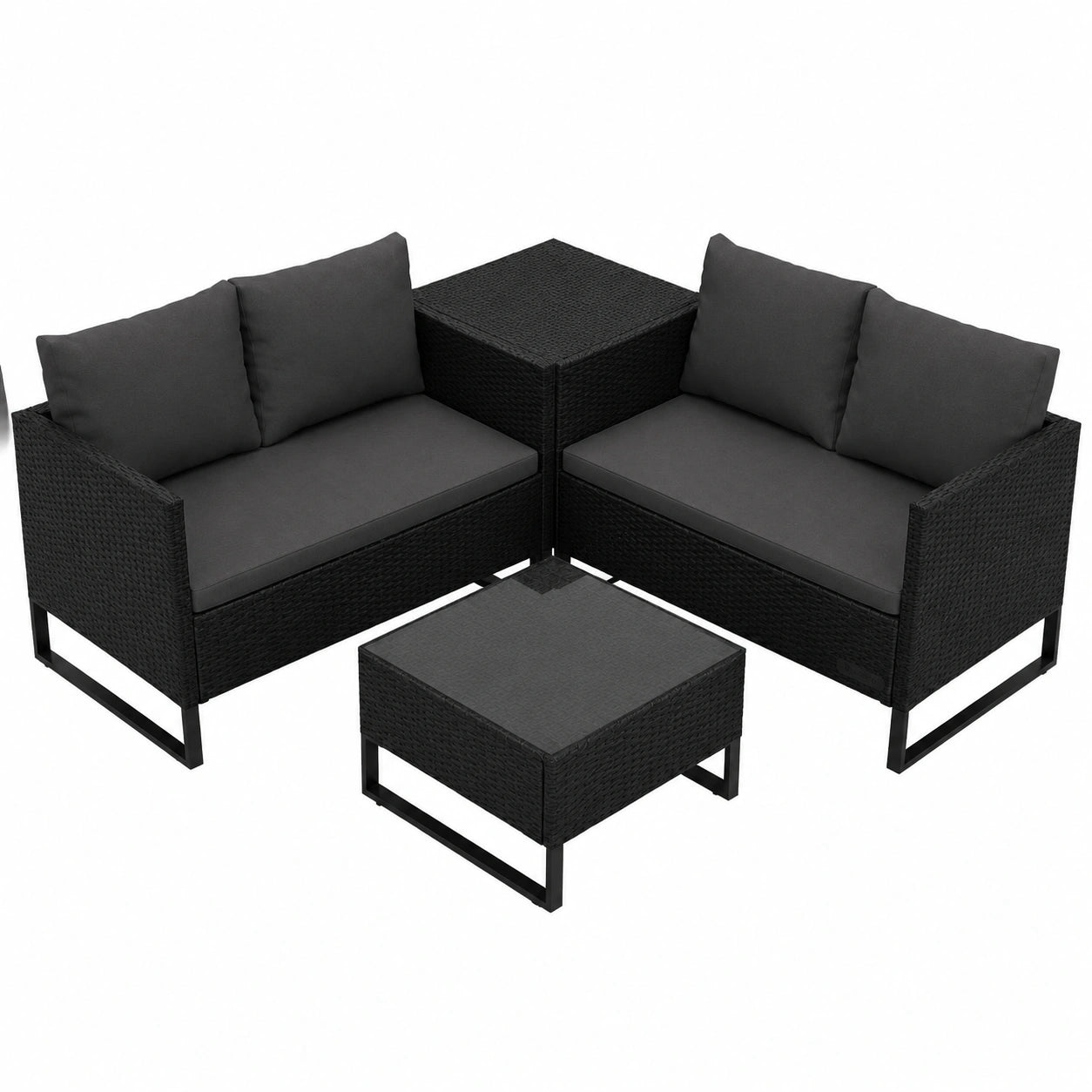 Gartenlounge-Set Polyrattan für 4 Personen – Inklusive Beistelltisch und Auflagenbox, Wetterfestes Balkonmöbel-Set in Schwarz