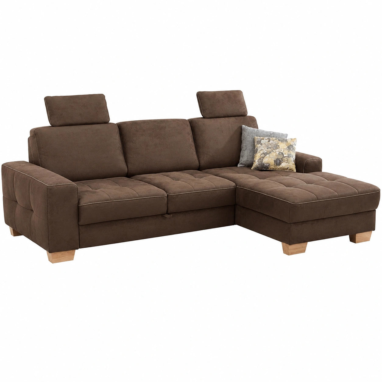 Cavadore Ecksofa Puccino: Komfort mit Federkern & Verstellbarer Rückenlehne, 2 Kopfstützen, L-Form, Landhausstil, Braun Mikrofaser, 281x86x178 cm