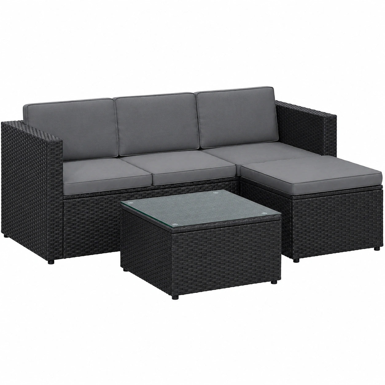 SONGMICS Polyrattan Balkonmöbel-Set, Ecksofa Lounge, mit Kissen und Glastisch, Outdoor Terrassenmöbel, schwarz-grau