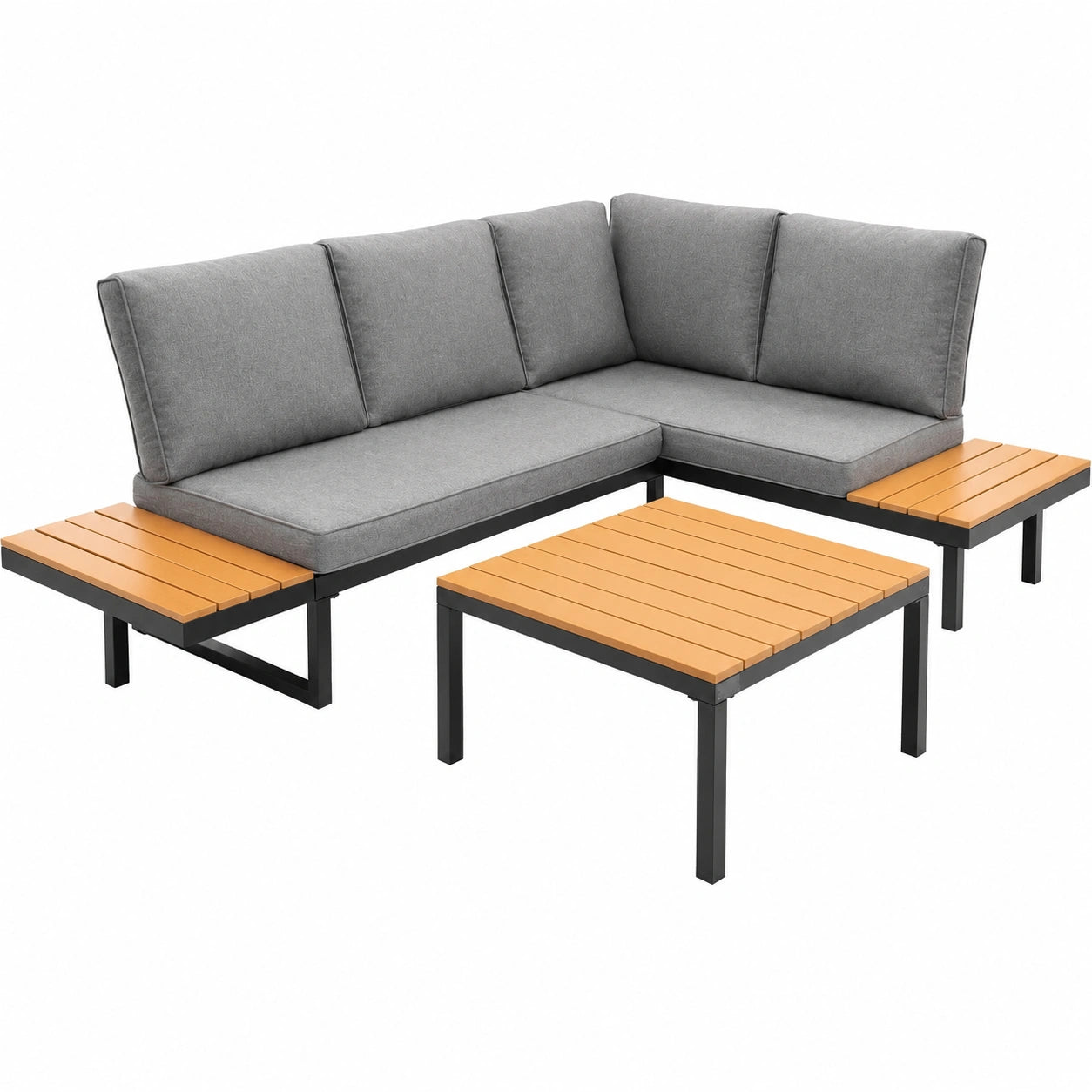 3-teiliges Gartenmöbel-Set in Holzoptik, wetterfestes Ecksofa mit Couchtisch und Kissen, flexibel kombinierbare Sitzgruppe für Terrasse und Balkon