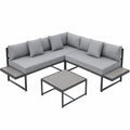 Juskys 4-Personen Gartensofa-Set St. Tropez mit Tisch und Kissen, Ecksofa, Graue Holzmöbel für Balkon & Garten