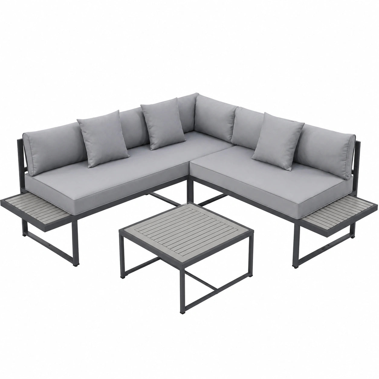 Juskys 4-Personen Gartensofa-Set St. Tropez mit Tisch und Kissen, Ecksofa, Graue Holzmöbel für Balkon & Garten
