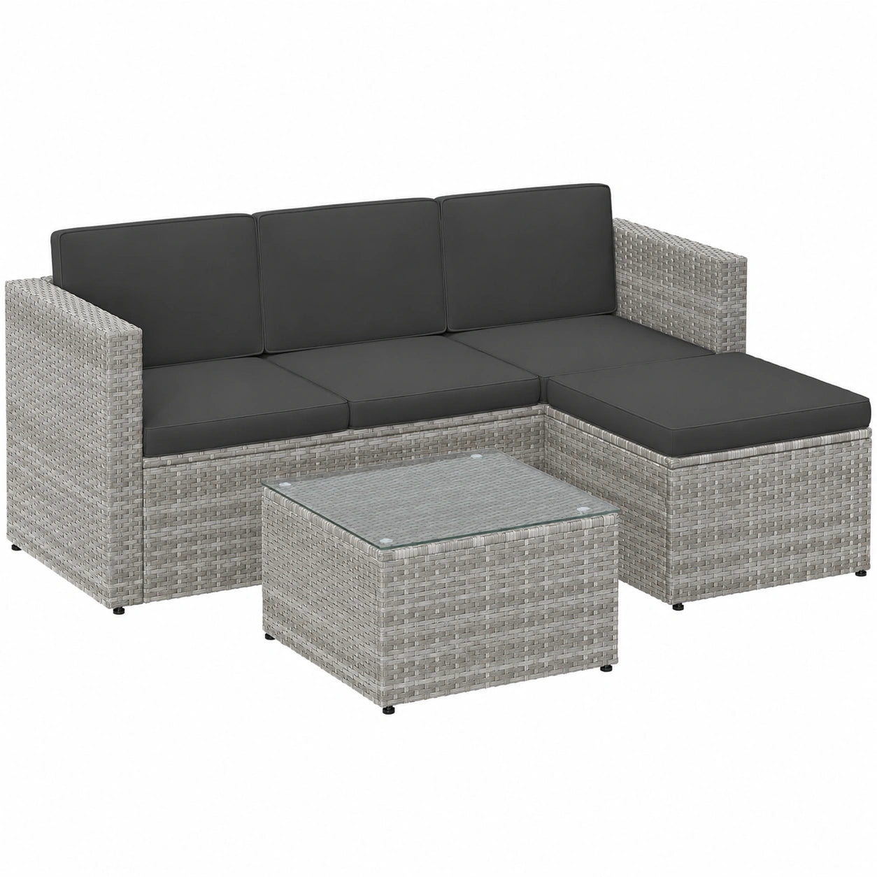 SONGMICS Rattan Gartenmöbel Set, Outdoor Lounge-Ecksofa mit Kissen und Glastisch, Graues Terrassenmöbel für Balkon
