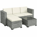 5-teiliges Polyrattan Gartenmöbel Set mit Ecksofa, Hocker und Tisch für 4 Personen, inklusive Sitz- und Rückenkissen, Outdoor Lounge in Grau und Cremeweiß