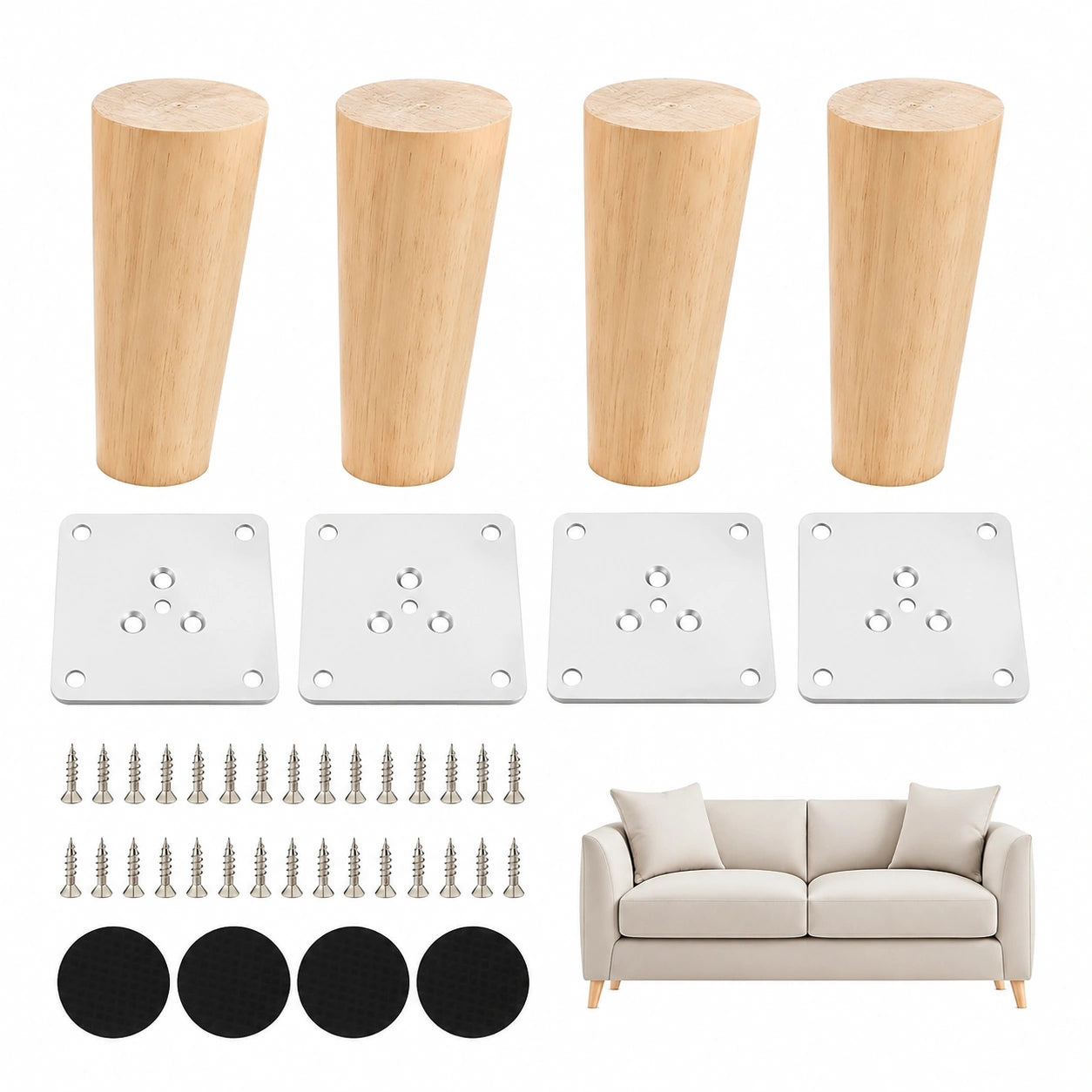 Holz-Möbelfüße, 4er Set, 10 cm Konische Tischbeine, inkl. Montageplatten und Schrauben für Sofa, Bett, Schrank, Stuhl, Tisch, Naturholzfarbe