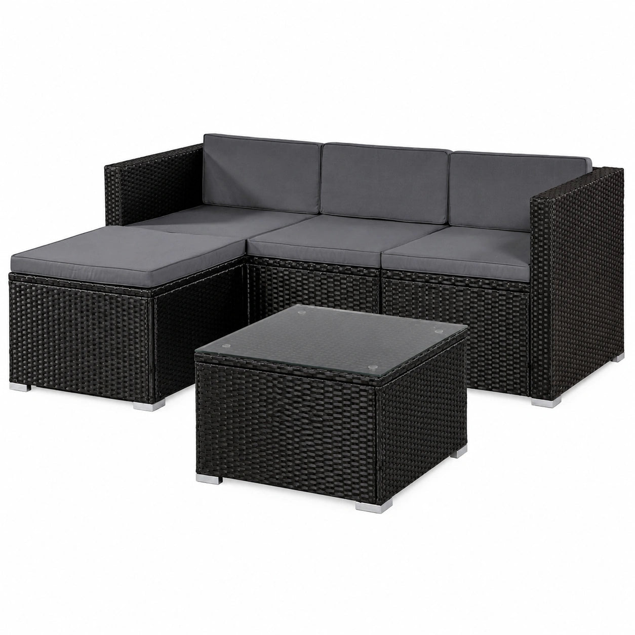 Hochwertiges Polyrattan Gartenmöbel Set für 3-4 Personen - Punta Cana Lounge mit Sofa, Sessel, Tisch & wetterfesten Kissen in Schwarz/Grau