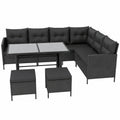Gartenmöbel-Set: 7-Sitzer Ecksofa mit Polyrattan & Glasplatte