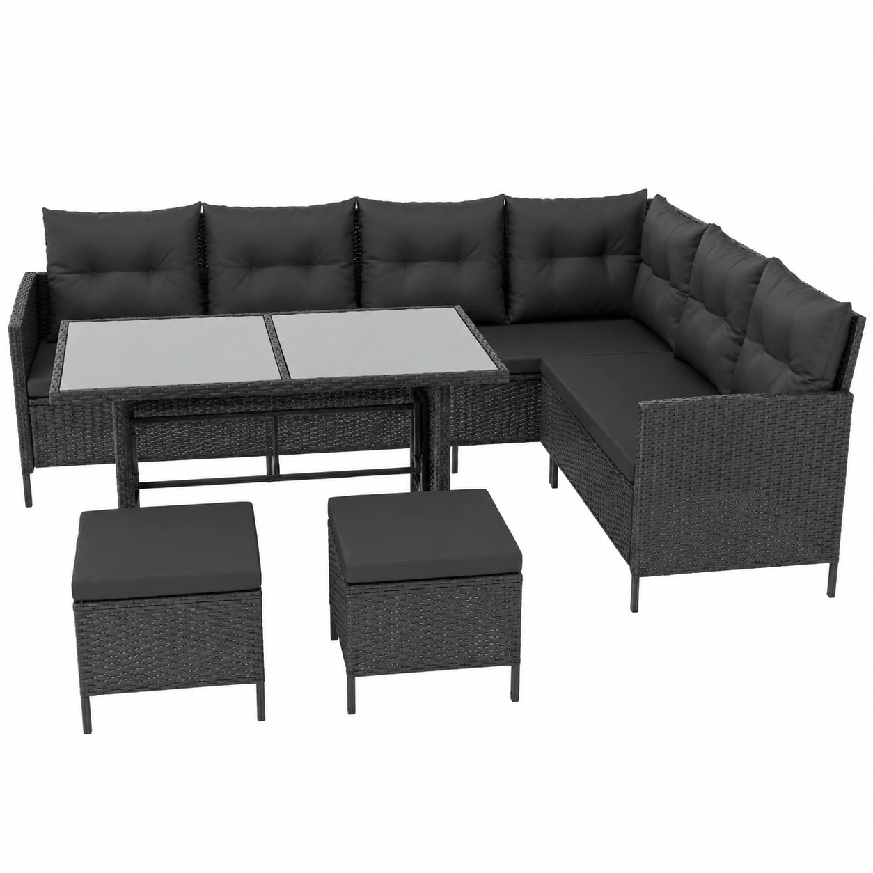 Gartenmöbel-Set: 7-Sitzer Ecksofa mit Polyrattan & Glasplatte