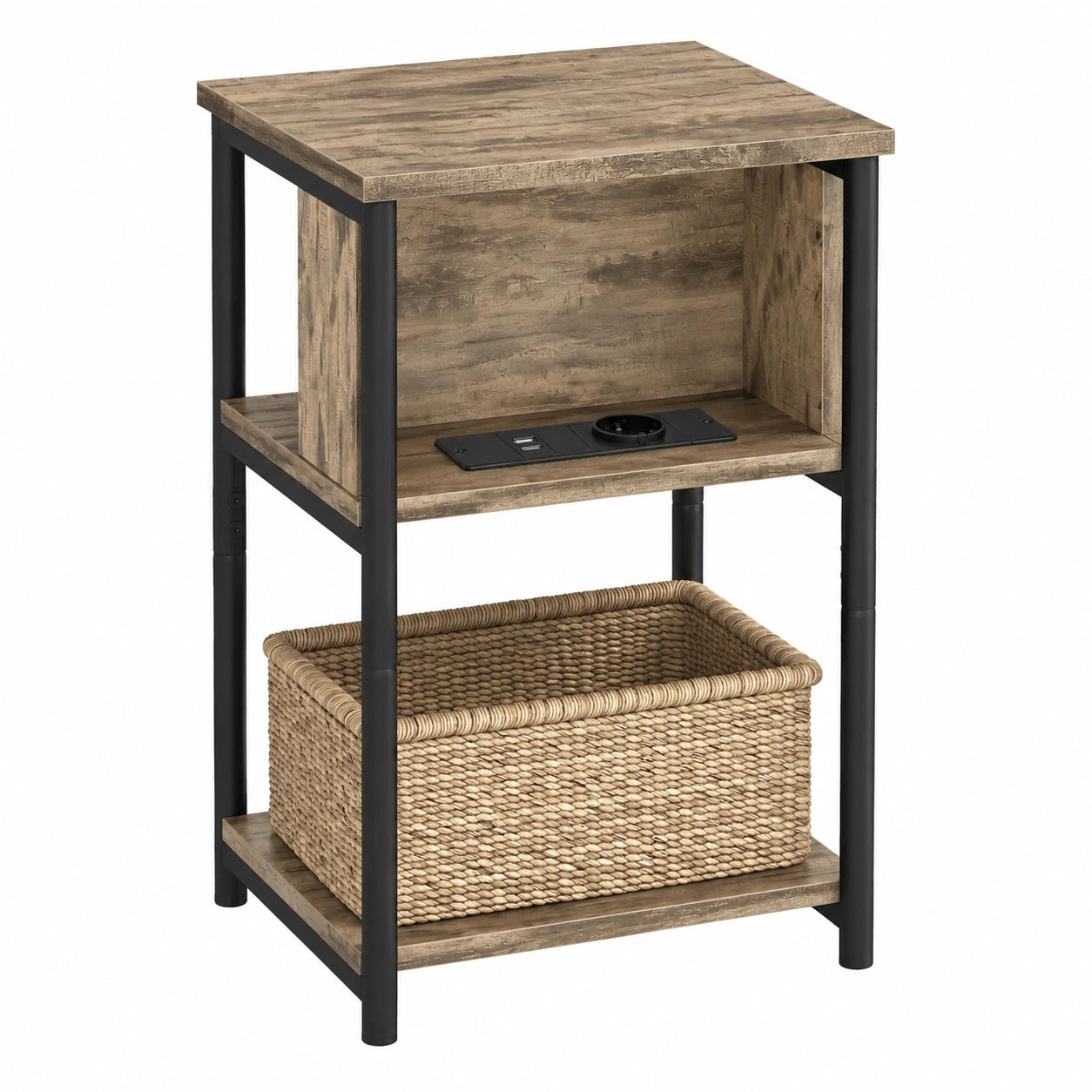 Schmaler VASAGLE Beistelltisch mit USB- und AC-Anschlüssen, 30x34x58 cm, Haselnussbraun/Schwarz