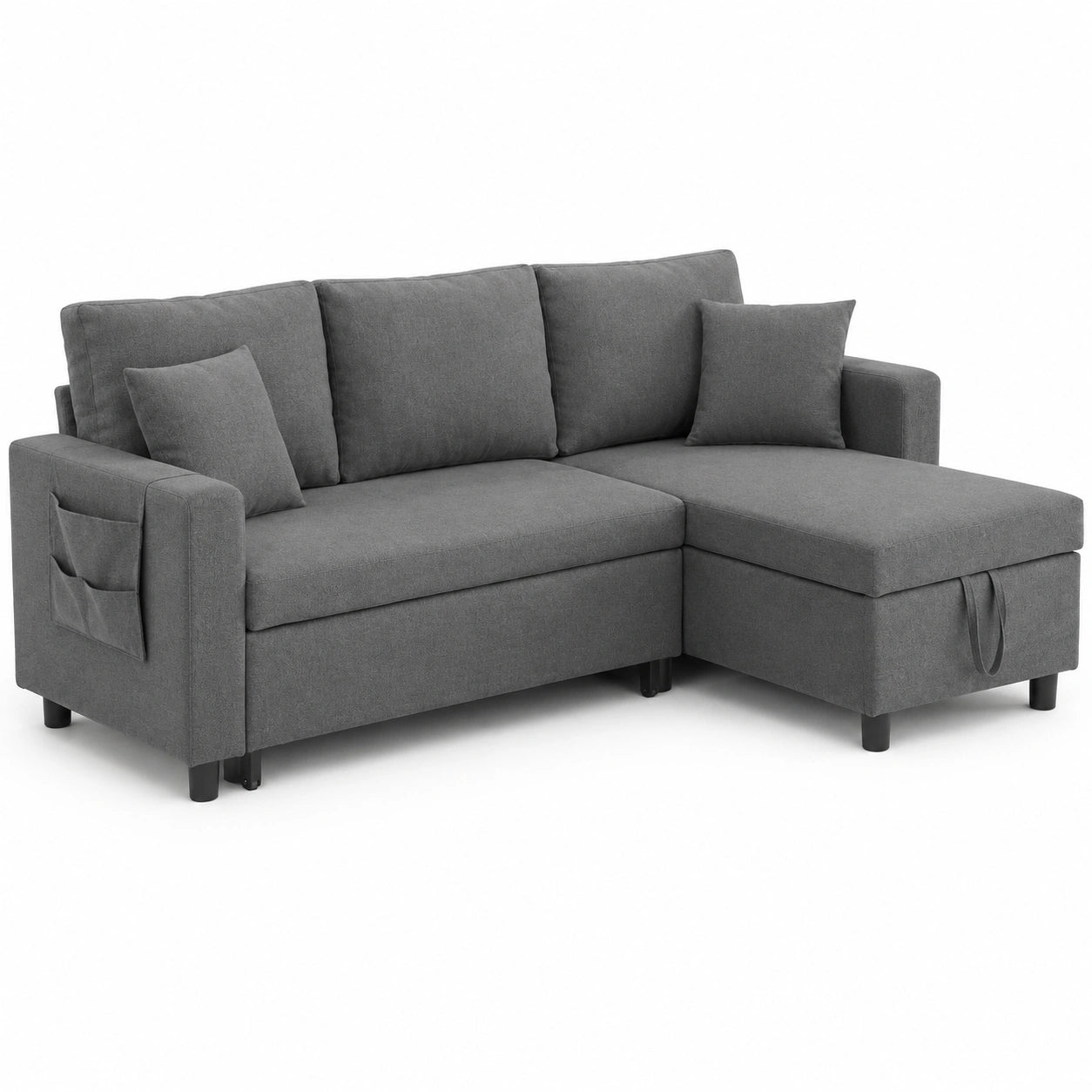 Merax L-Form Schlafsofa mit Bettkasten und Seitentaschen, Modernes Ecksofa mit Stauraum, Dunkelgraue 3-Sitzer-Couch für Wohnzimmer