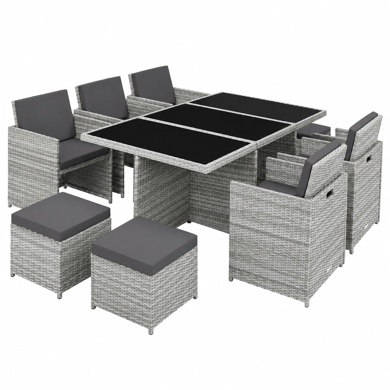 Hochwertiges Polyrattan Gartenmöbel-Set für 10 Personen, mit klappbaren Stühlen und Tisch, hellgrau