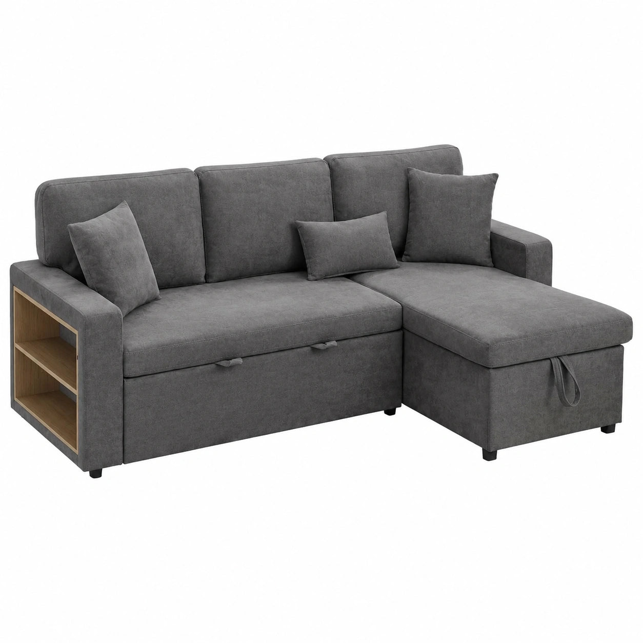 Ecksofa mit Schlaffunktion und USB-Anschluss, Schlafcouch mit Stauraum und Regal, Dunkelgrau, für Wohnzimmer