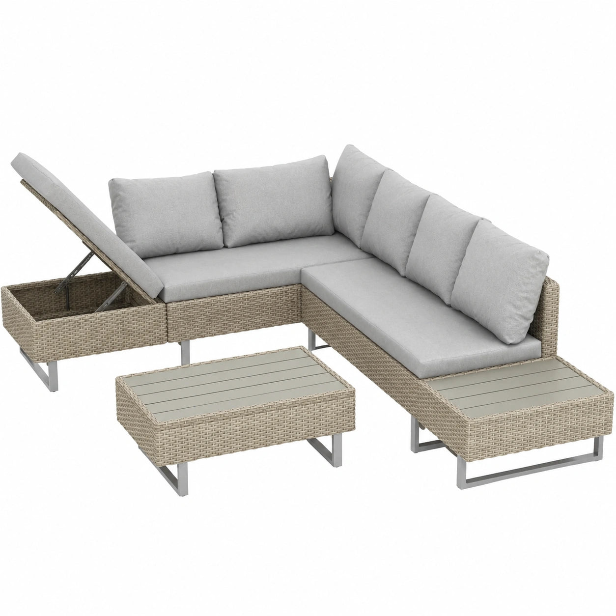 Rtopsu 5-Personen Polyrattan Gartenmöbel Set mit Ecksofa, Glastisch und Kissen, Khaki
