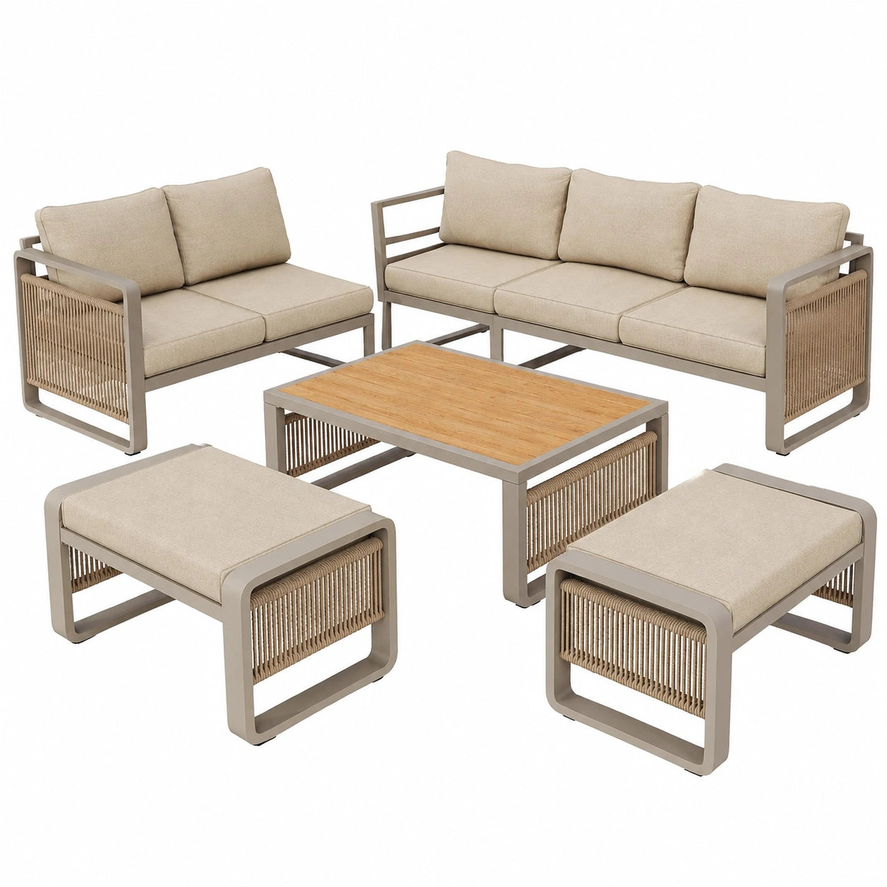 7-teiliges Gartenmöbel-Set für 6-7 Personen, Loungesessel mit verstellbaren Füßen und Seil, inklusive Kissen, Beige