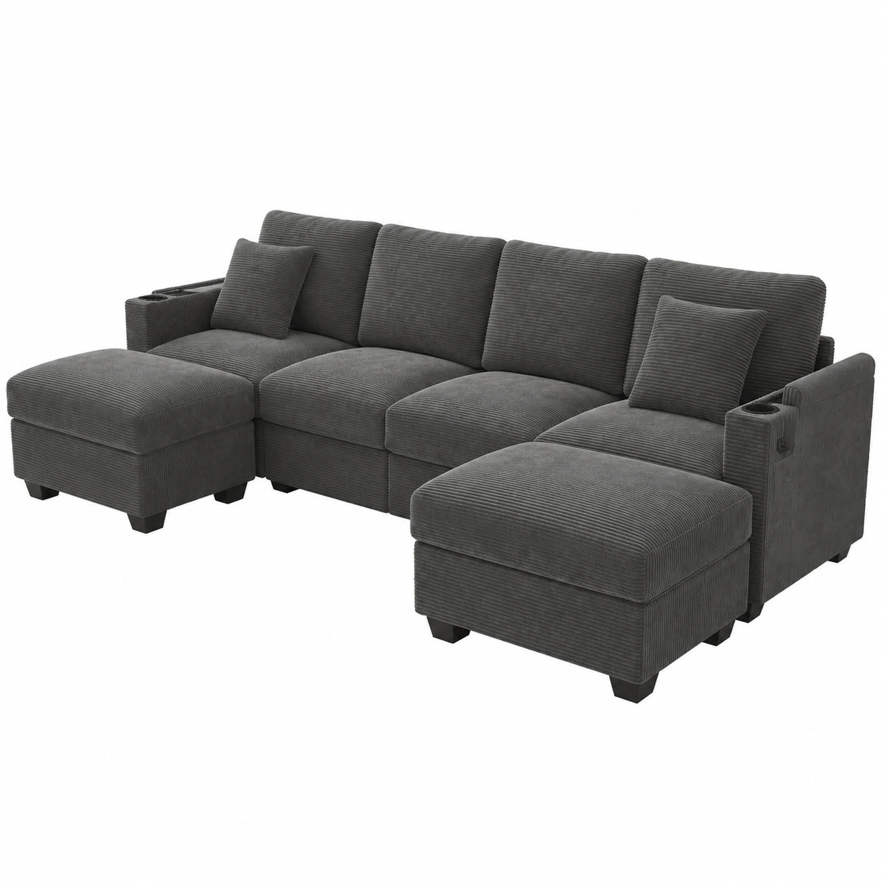 Modulares 5-Sitzer Ecksofa mit Schlaffunktion und Handyhalter, Graues Cordsofa für Wohnzimmer
