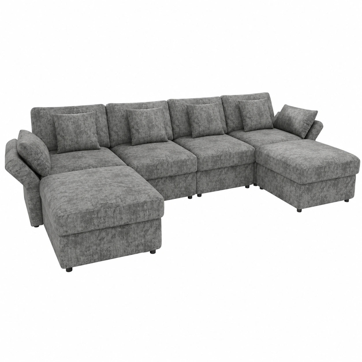 Merax Modular Ecksofa in U-Form, Chenille Stoff, mit Hocker und Kissen, Grau