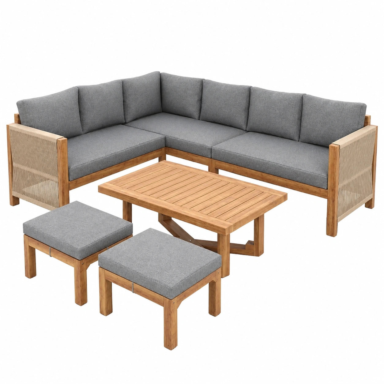 Gartenmöbel-Set aus Akazienholz für 7-8 Personen, modulares Lounge-Set mit Ecksofa, Hockern und Tisch, wetterfeste Kissen, ideal für Terrasse und Balkon in Grau