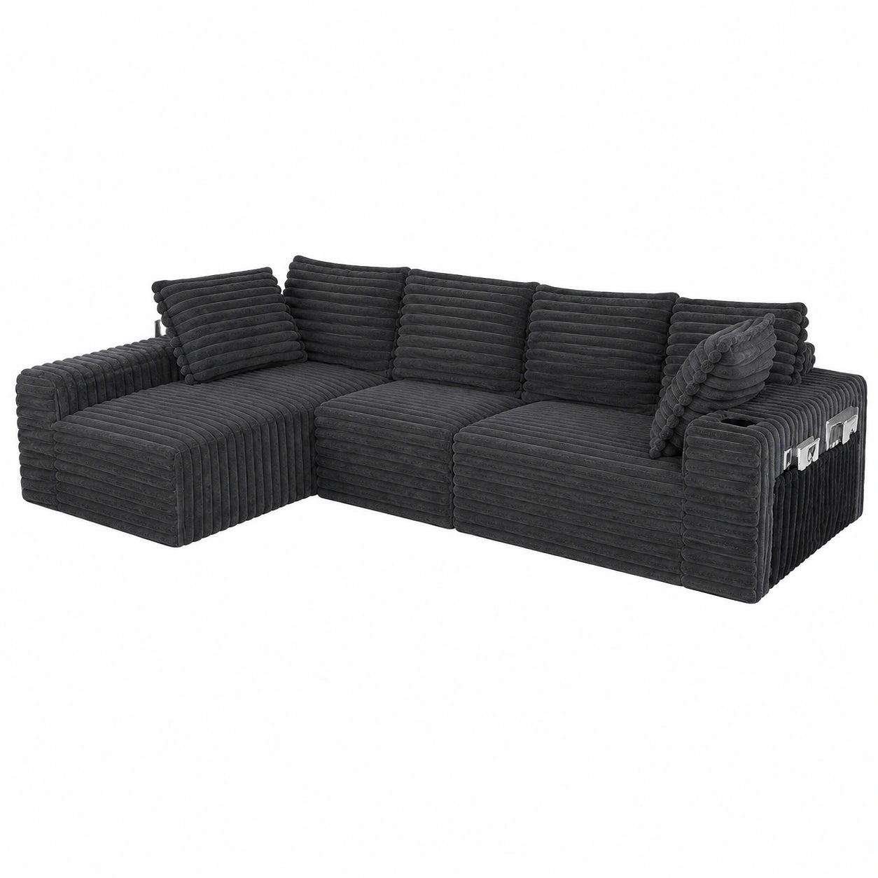 L-förmiges Schlafsofa 280cm mit Cordstoff, modular und USB-Anschluss, inklusive 5 Kissen, Graues Ecksofa für Wohnzimmer & Schlafzimmer