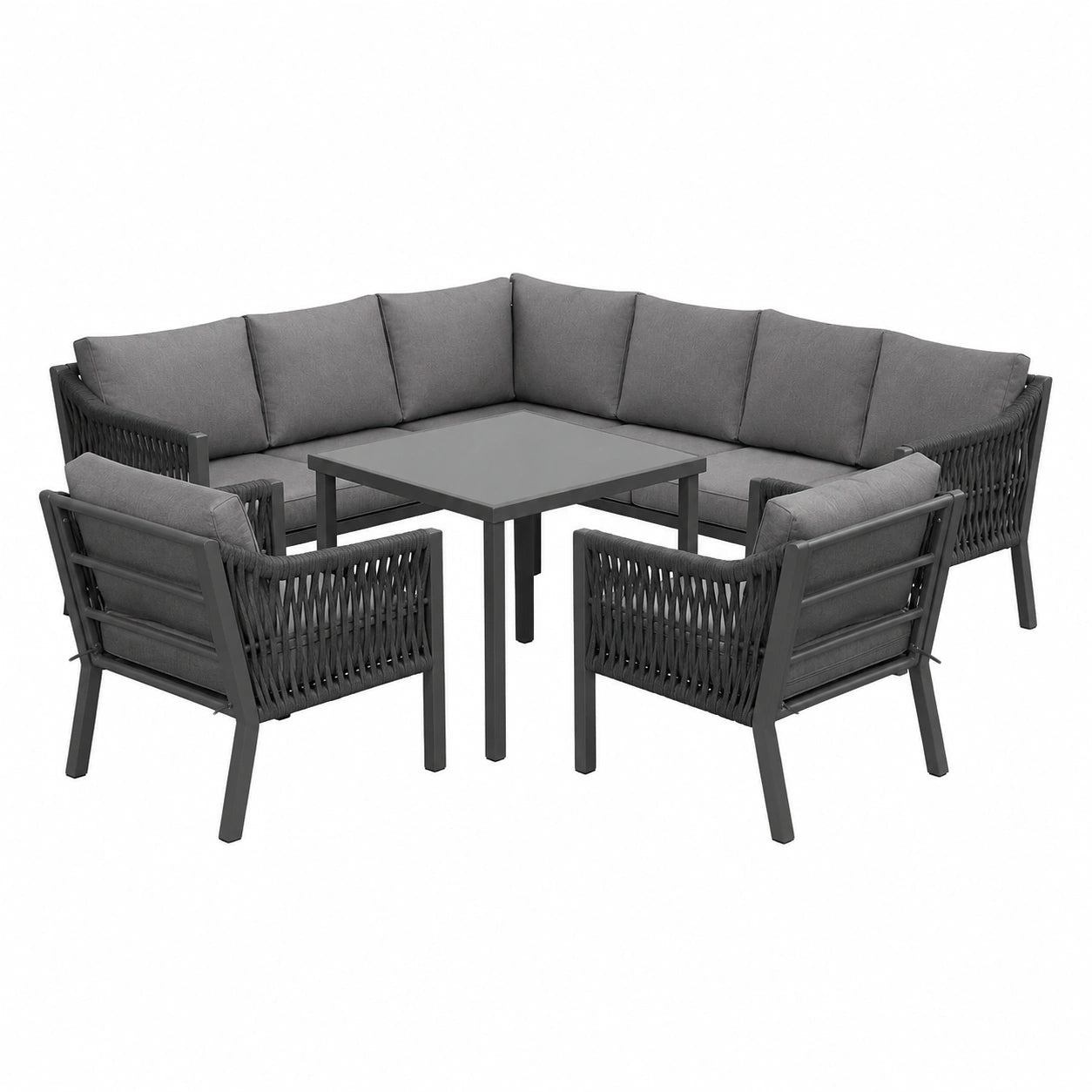Merax 8-Personen Gartenset mit Ecksofa und Tisch, Handgewebt aus Seil, Verzinkter Rahmen, Glasplatte, Grau