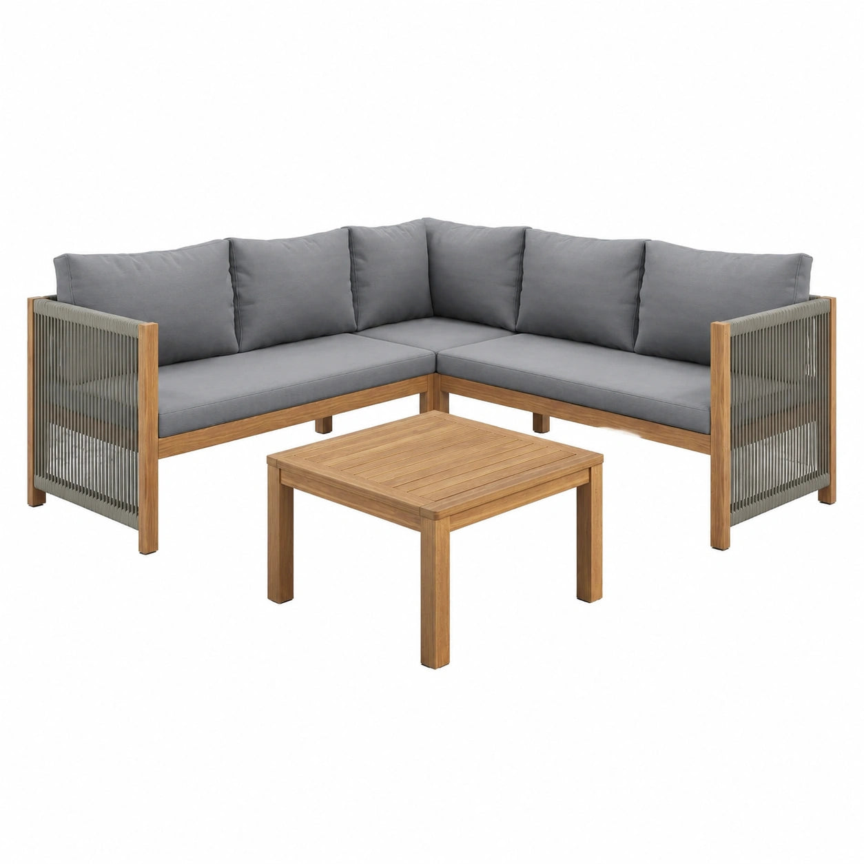 Mrwoo 5-Personen Gartenmöbel-Set, Ecksofa & Couchtisch, Akazienholz & Seilgeflecht, Wetterfest, Grau