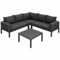 4-Sitzer Gartenmöbel-Set mit Kissen und Glastisch, wetterfestes Outdoor-Ecksofa aus verzinktem Eisen für Balkon und Terrasse in Grau
