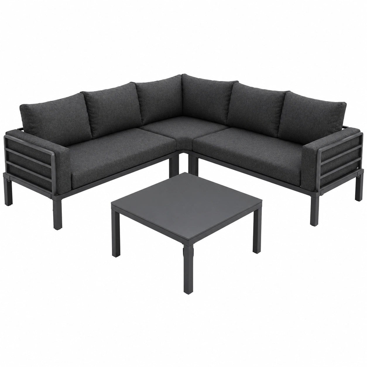 4-Sitzer Gartenmöbel-Set mit Kissen und Glastisch, wetterfestes Outdoor-Ecksofa aus verzinktem Eisen für Balkon und Terrasse in Grau